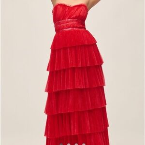 Hutch Evie Elegant Red Strapless Tiered Dress Anthropology